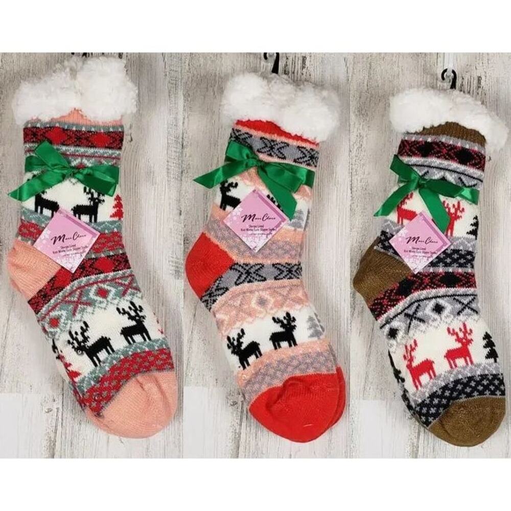 New Set of 3 Mari Clare SHERPA Lined Reindeer No Slip Slipper Socks Women's